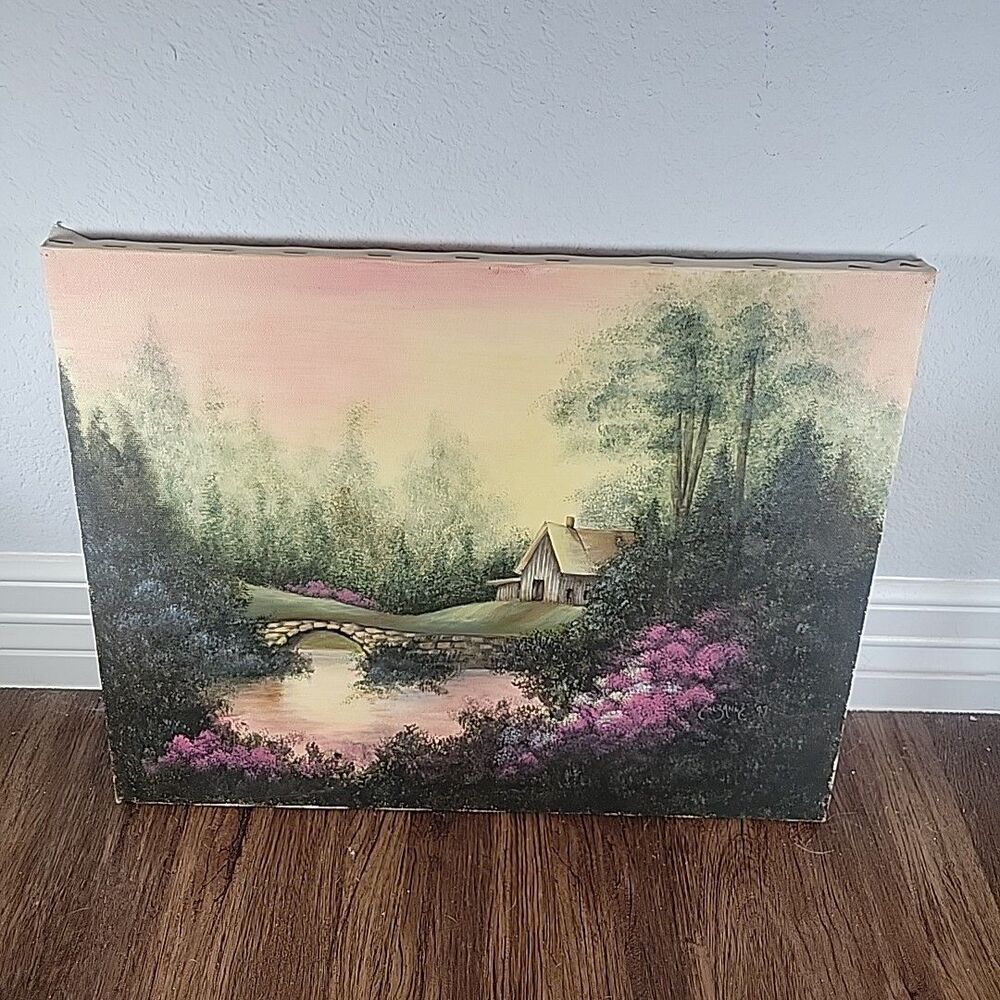 Original 14x18 Acrylic Landscape Painting Cottage Bridge Pond Garden Signed '97